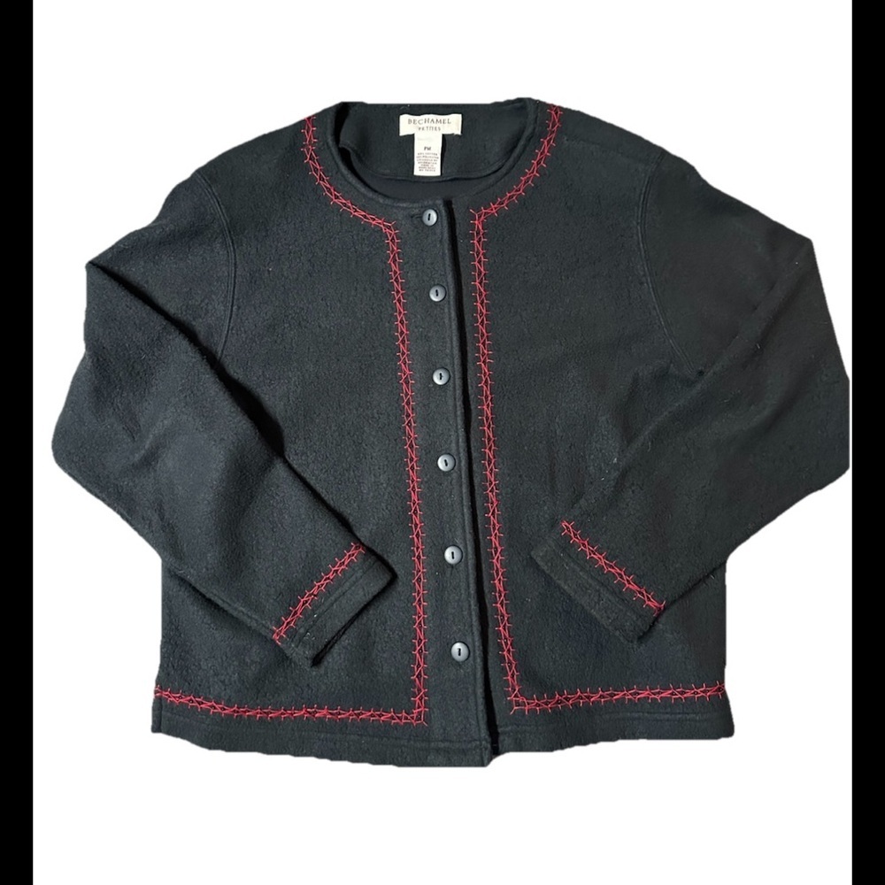 BECHAMEL PETITES Black Cropped Jacket with Red Embroidered Trim Sz Petite Med